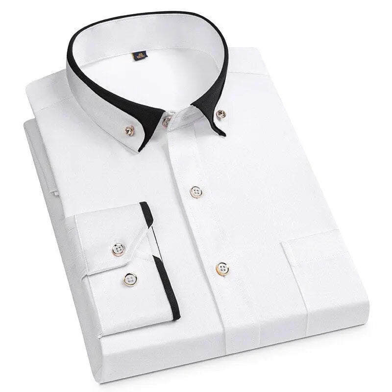 Showlu men's long sleeve business casual shirt with diamond buckle, contrast collar, four pockets, suitable for autumn and winter.