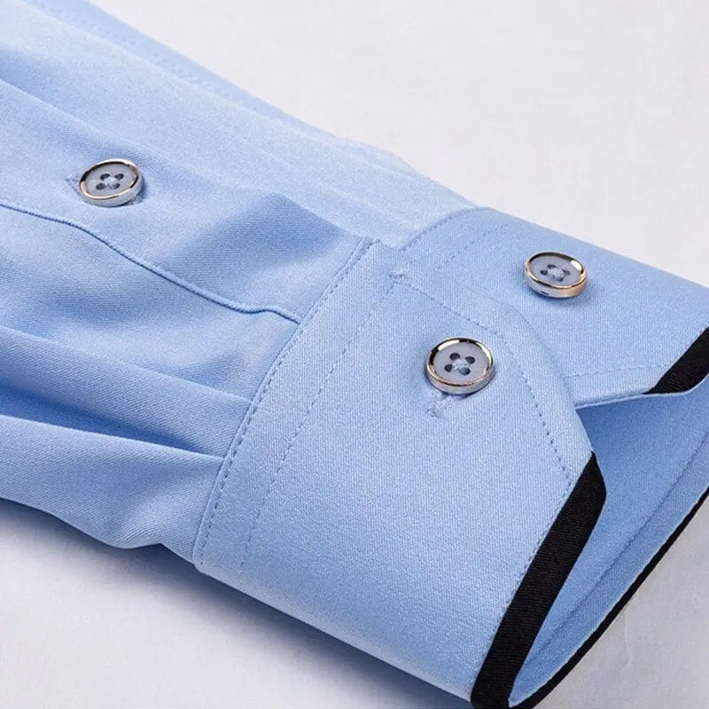Showlu men's long sleeve business casual shirt with diamond buckle, contrast collar, pockets, suitable for autumn and winter.