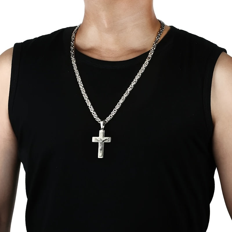 Men's Showlu stainless steel trident cross pendant necklace featuring a detailed cross design on a sleek chain.
