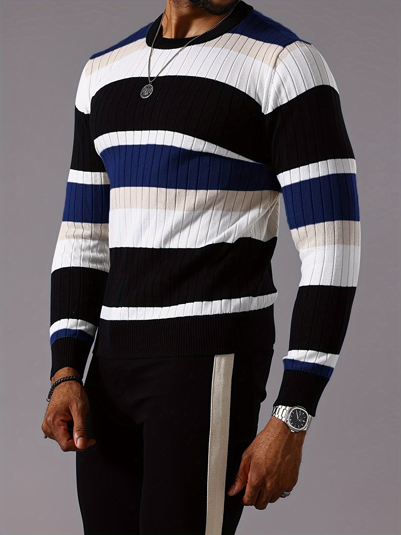 Men's striped ribbed knit sweater from SHOWLU FASHION STORE, long sleeve crew neck pullover with colorful horizontal stripes.