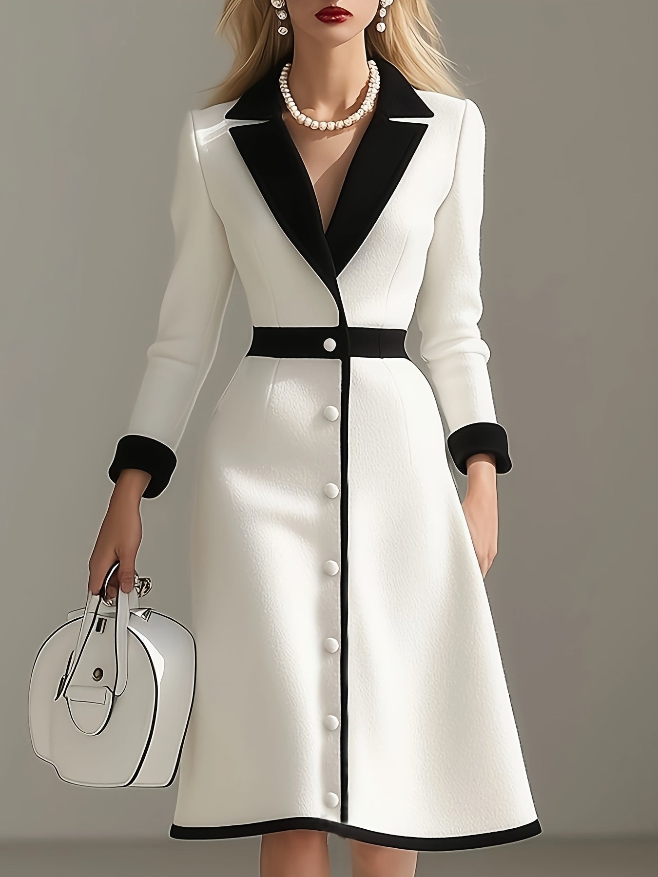 Elegant color-block midi dress for women with long sleeves and lapel collar, featuring a stylish and sophisticated design.