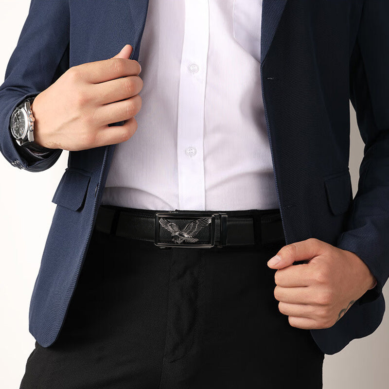 Showlu men's genuine leather ratchet belts with eagle buckles, 2-pack, featuring sleek black and brown straps and detailed metal buckles.