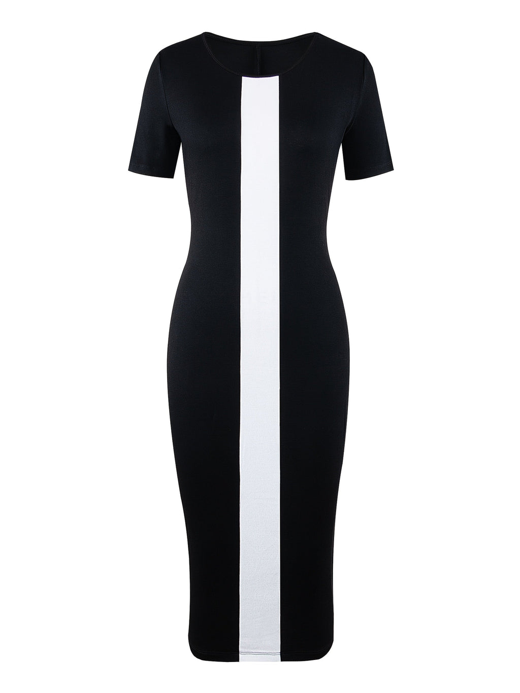 SHOWLU Two-Tone A-Line Bodycon Dress with rayon fabric, short sleeves, and side slit, featuring a stylish two-tone design.