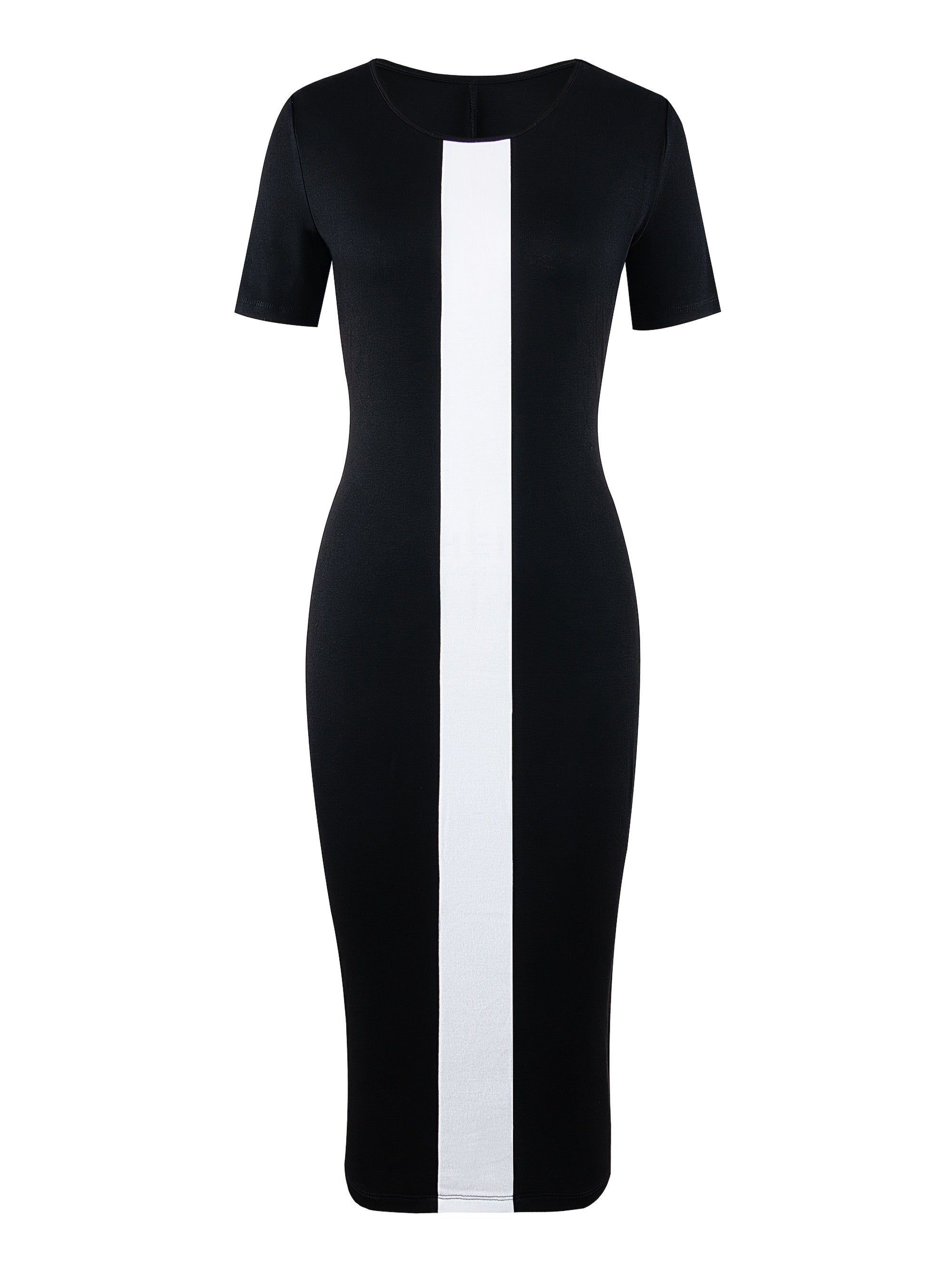 SHOWLU Two-Tone A-Line Bodycon Dress with rayon fabric, short sleeves, and side slit, featuring a stylish two-tone design.
