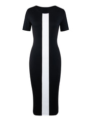 Elegant City-Style Two-Tone A-Line Dress with Short Sleeves and Side Slit - Rayon, Sleeveless, Bodycon Fit for Spring/Summer/Fall, Adult, Elegant Attire|Modern Fashion|Bodycon Dress
