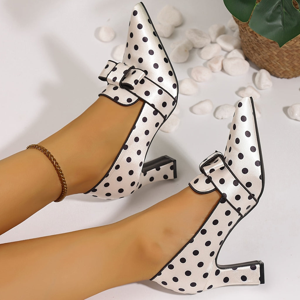 SHOWLU FASHION polka dot bowknot pumps with pointed toe and block high heels, stylish footwear for women.