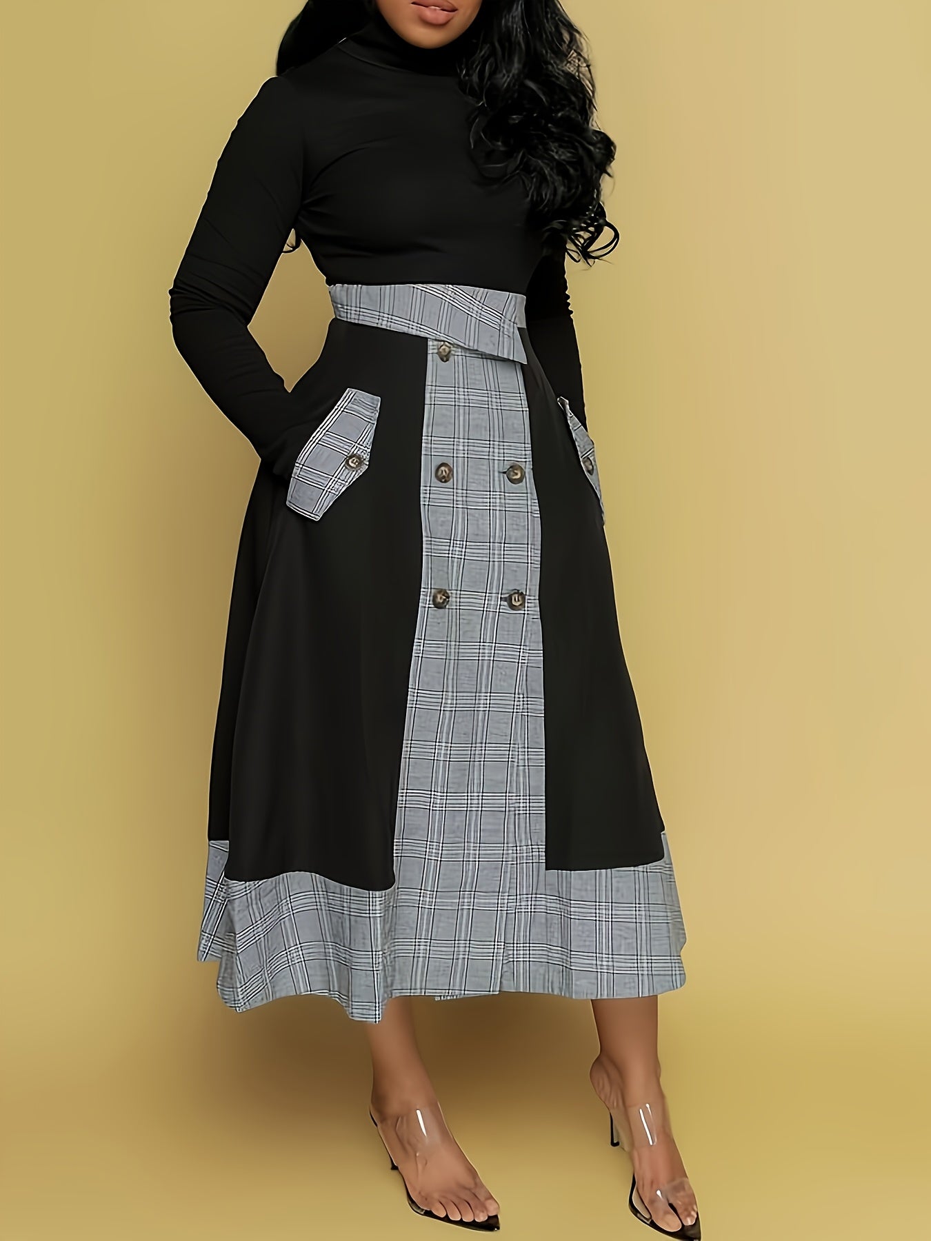 SHOWLU FASHION STORE plaid combo button skirt, elegant knit polyester, close-up of stylish plaid pattern and button details.