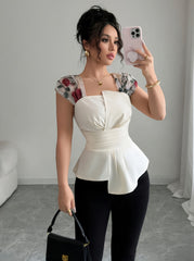 Women's Elegant Sleeveless Square Neck Blouse with Asymmetrical Hem & Floral Print - Summer Lightweight Machine-Washable Top for Casual Formal Outfits, Versatile Fashion, Twisted Waist Design, Smooth Fabric Texture, Office We