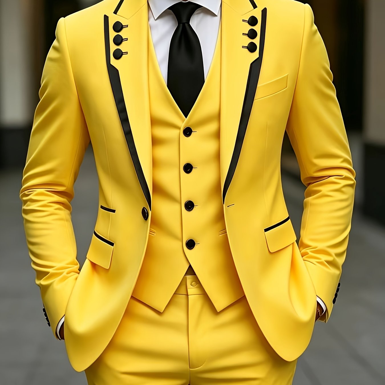 Men's black lapel fringed 3-piece suit set by Showlu Smart General, formal party, festival, graduation, wedding dress style.