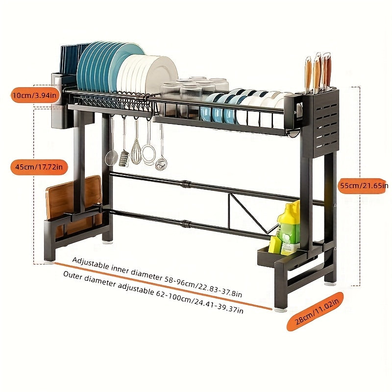 SHOWLU FASHION 2-Tier Expandable Carbon Steel Over Sink Dish Rack with drying area and utensil holder in a kitchen setting