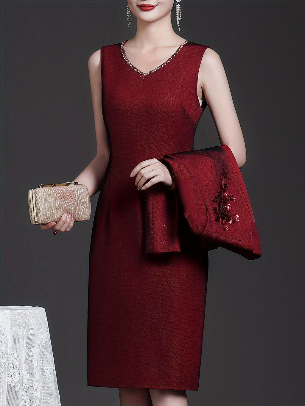 Wine red two-piece dress set with floral embroidery from SHOWLU FASHION, featuring a sundress style with intricate embroidered details.