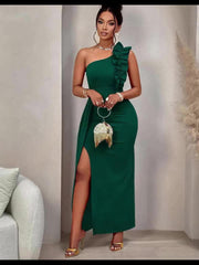 2025 Summer New Arrival Women's Solid Color Asymmetrical Shoulder Ruffle Detail Sleeveless Elegant Charm Slit Dress Suitable for Parties, Gatherings, Dates, Singles' Night, Formal Dinners Grand Events, Valentine's Day, Weddin