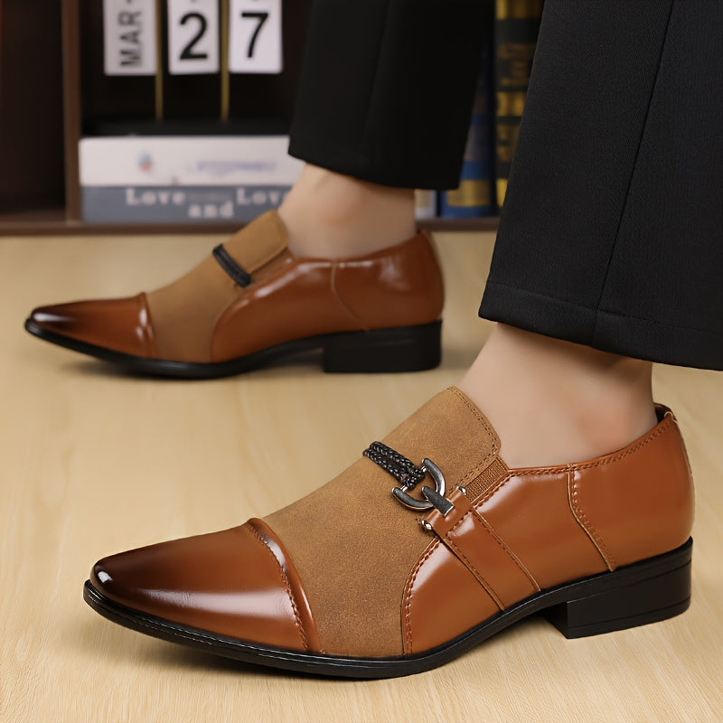 Men's pointed toe slip-on dress shoes by Showlu Fashion, made of PU leather, stylish business loafers for formal or office wear.