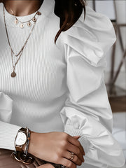 Women'S Black Ribbed Blouse with Puff Sleeves & Round Neck - Stylish Layering Piece for Casual or Formal Outfits, Allseason Top | Ribbed Texture Top | Construction, Ladies Blouses