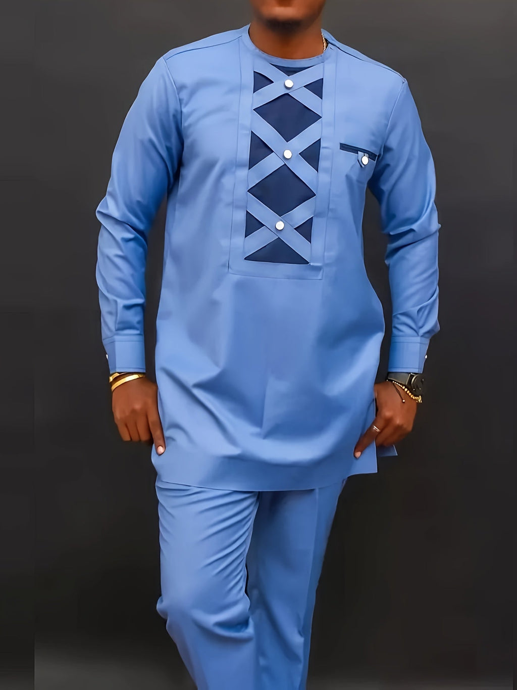 SHOWLU Men's two-piece patchwork suit with crew neck, casual style, featuring a modern, elegant design in a stylish fabric.