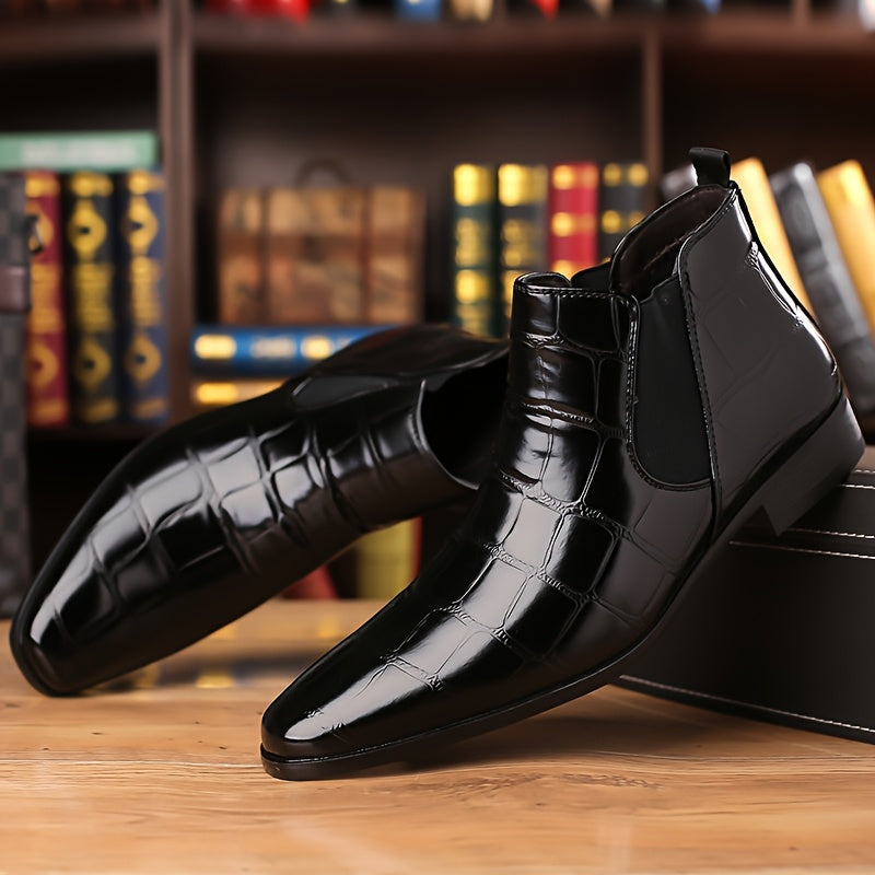 SHOWLU men's pointed toe Chelsea boots with shiny finish, formal short ankle boots, stylish and sleek footwear for men