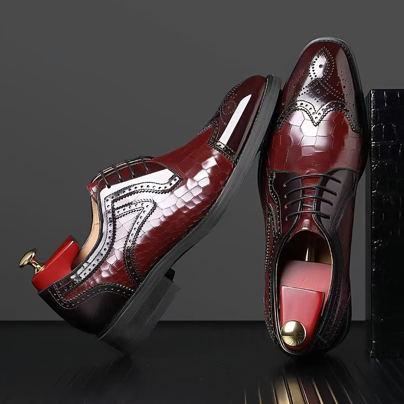 SHOWLU FASHION men's red wingtip brogue oxfords with square toe dress shoes, stylish leather footwear for formal occasions.