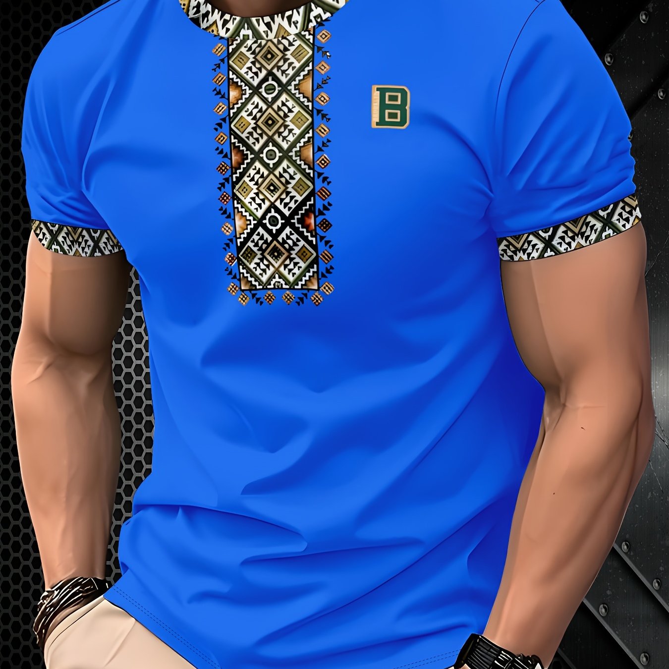 White polyester men's T-shirt with geometric print from SHOWLU FASHION STORE, regular fit, casual style.