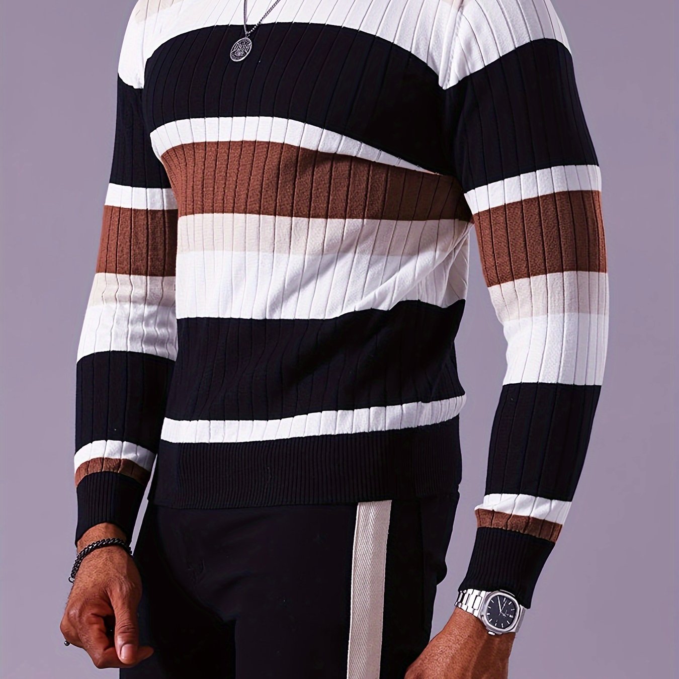 Men's SHOWLU striped ribbed knit sweater with long sleeves and crew neck, featuring a cozy, fitted design in a stylish pattern.