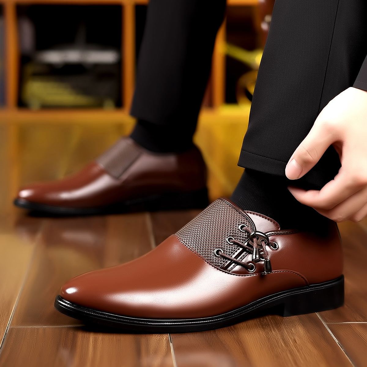 Brown men's business casual loafers with slip-on design and rubber soles from SHOWLU FASHION STORE.