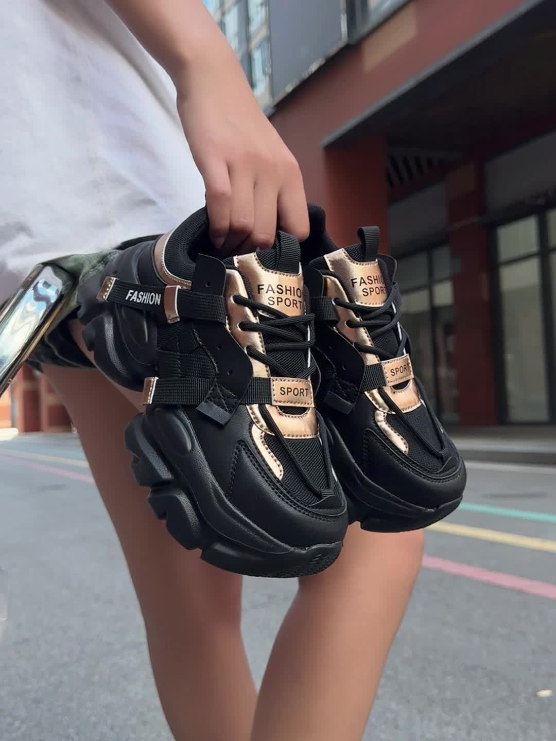 SHOWLU Women's black patchwork sneakers featuring breathable fabric and lace-up design, casual footwear for everyday wear.