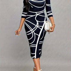 Women'S Stylish Elegant Long-Sleeved Printed Hip Dress
