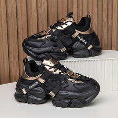 Women's Trendy Black Letter Patchwork Breathable Sneakers - Comfortable Lace-Up Casual Shoes for All Seasons, Lightweight & Versatile