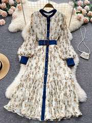 Women's Elegant Floral maxi dress - Long Sleeve A-Line Formal & casual dress with Adjustable belt, Floral print in White/Blue/Beige/, Machine Washable for Spring/Fall/Summer - Office, Party, Wedding Outfit, Party Attire, Roun