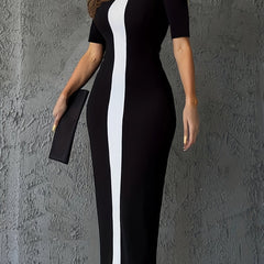 Elegant City-Style Two-Tone A-Line Dress with Short Sleeves and Side Slit - Rayon, Sleeveless, Bodycon Fit for Spring/Summer/Fall, Adult, Elegant Attire|Modern Fashion|Bodycon Dress
