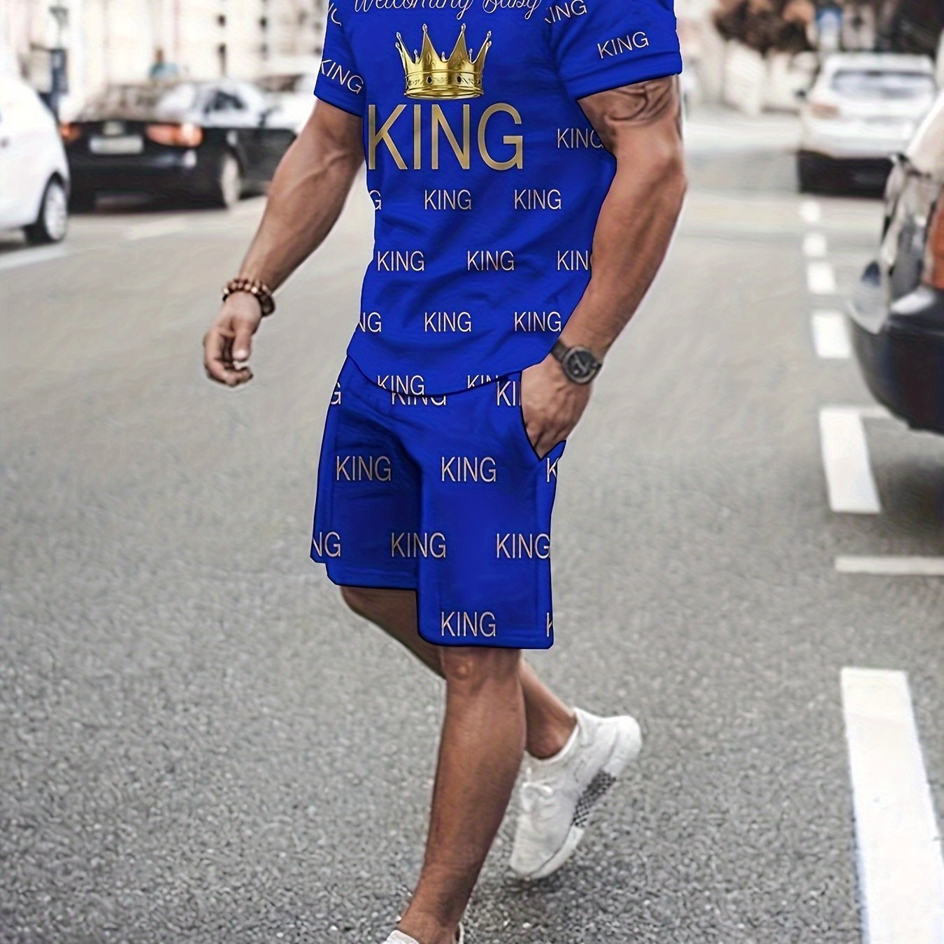 SHOWLU FASHION men's KING print summer T-shirt and shorts set, featuring bold graphic design and casual, comfortable fit.