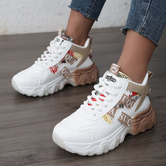 New Women's 2025 Spring/Summer Outdoor Sports Shoes - Height-Enhancing Thick Sole, High Quality Synthetic Leather Upper, Breathable Fabric Lining & Non-Slip PVC Outsole for Running, Hiking, Casual Wear - Beige/Red Colorway, L