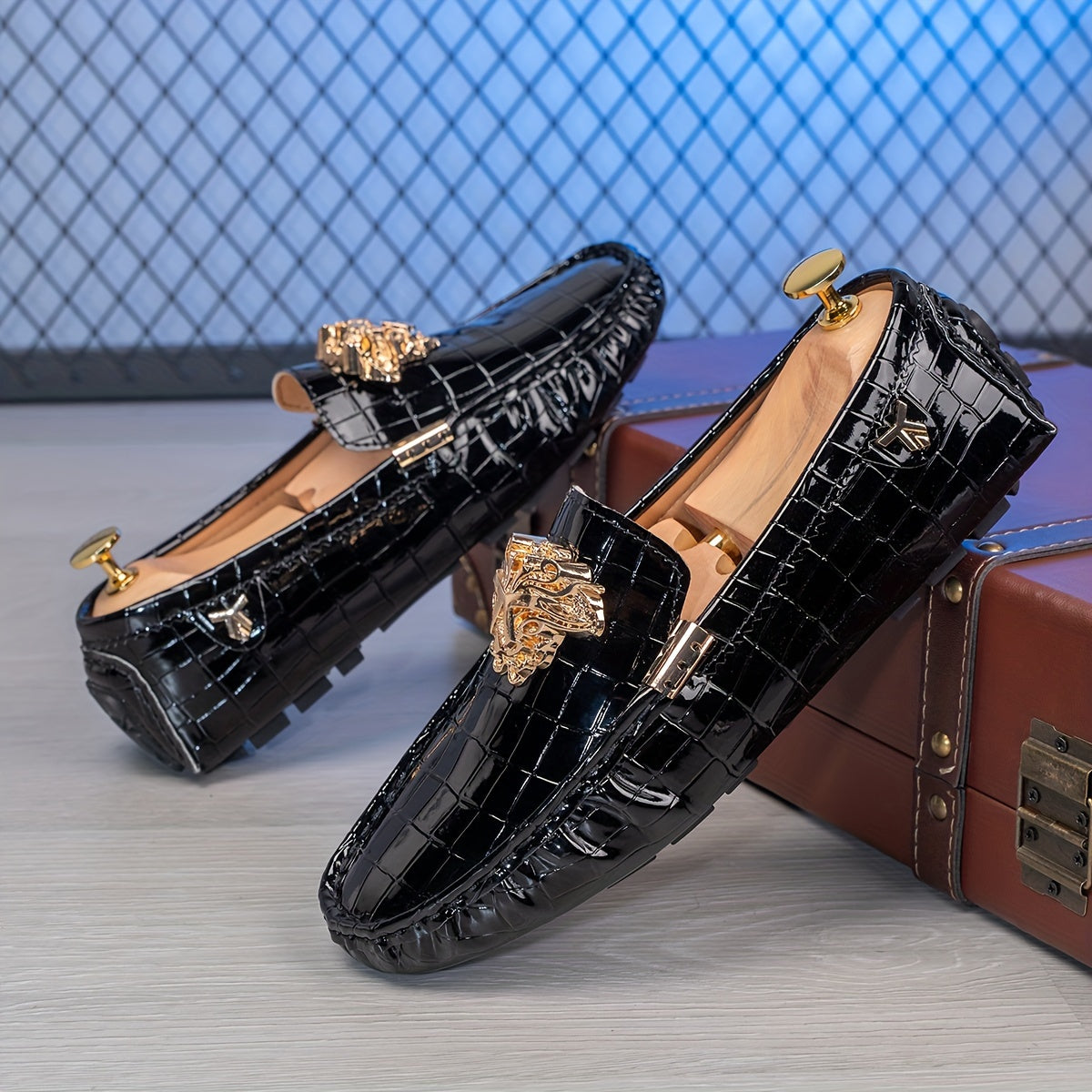 SHOWLU Men's casual slip-on loafers with breathable round toe design and PU material, perfect for comfortable everyday wear.