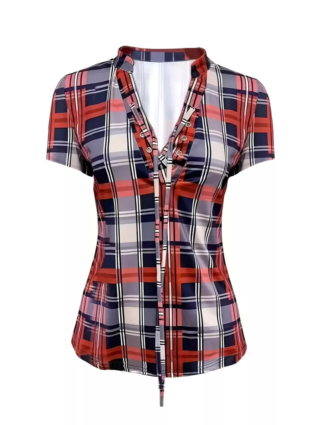 Plaid lace-up short sleeve blouse from Trendsi featuring a stylish design and lightweight fabric, perfect for casual wear.