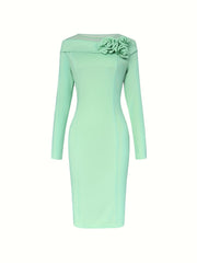 [Mint Green Dress] Polyester Elegant Mint Green Off-Shoulder Long Sleeve Bodycon Dress | Floral Embellishments, Perfect for Adult Women, All-Season Wear, Formal Evening Gown