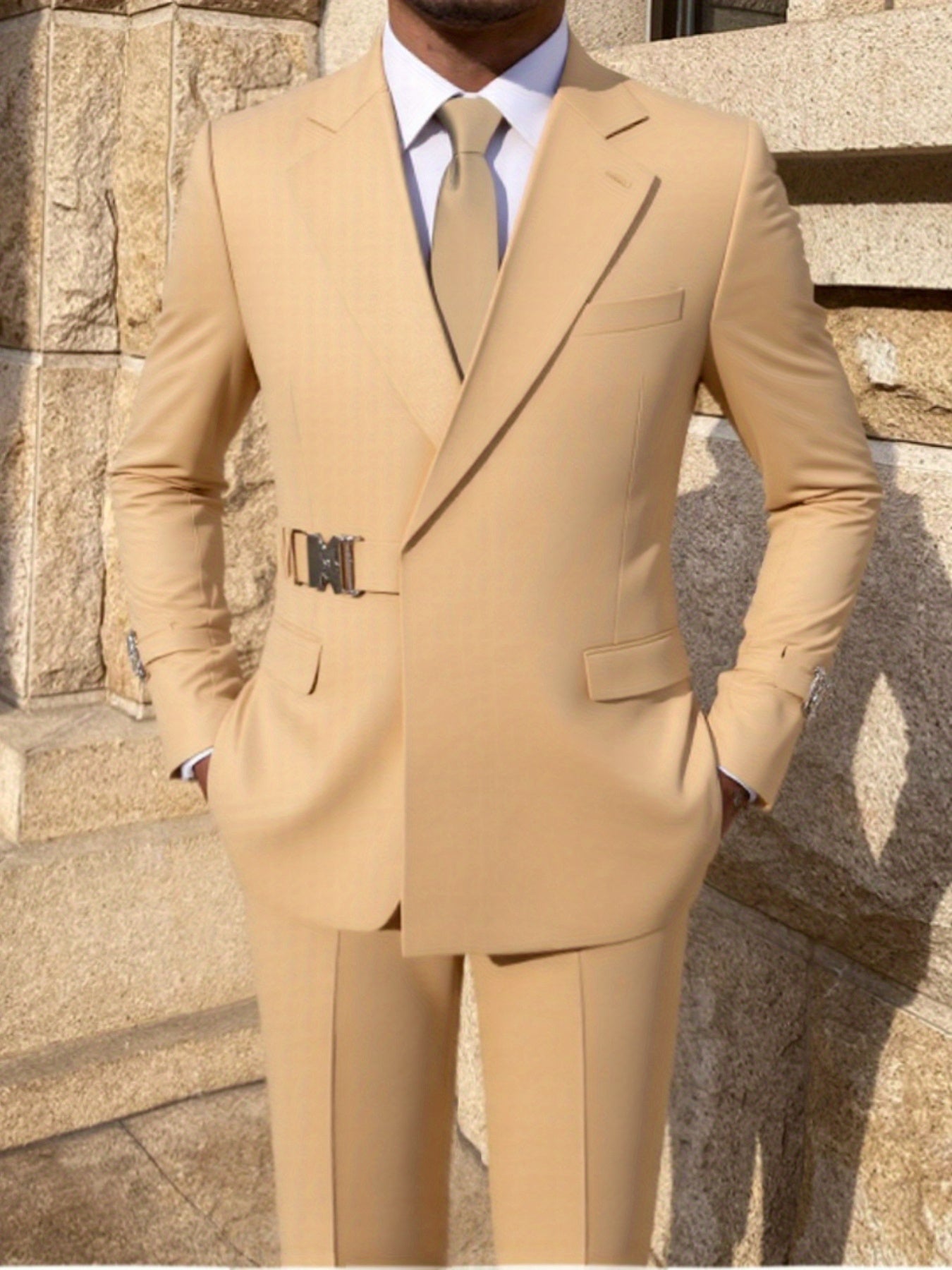 Men's SHOWLU FASHION 2-piece skinny fit solid formal wedding suit, including jacket and trousers, in classic style.