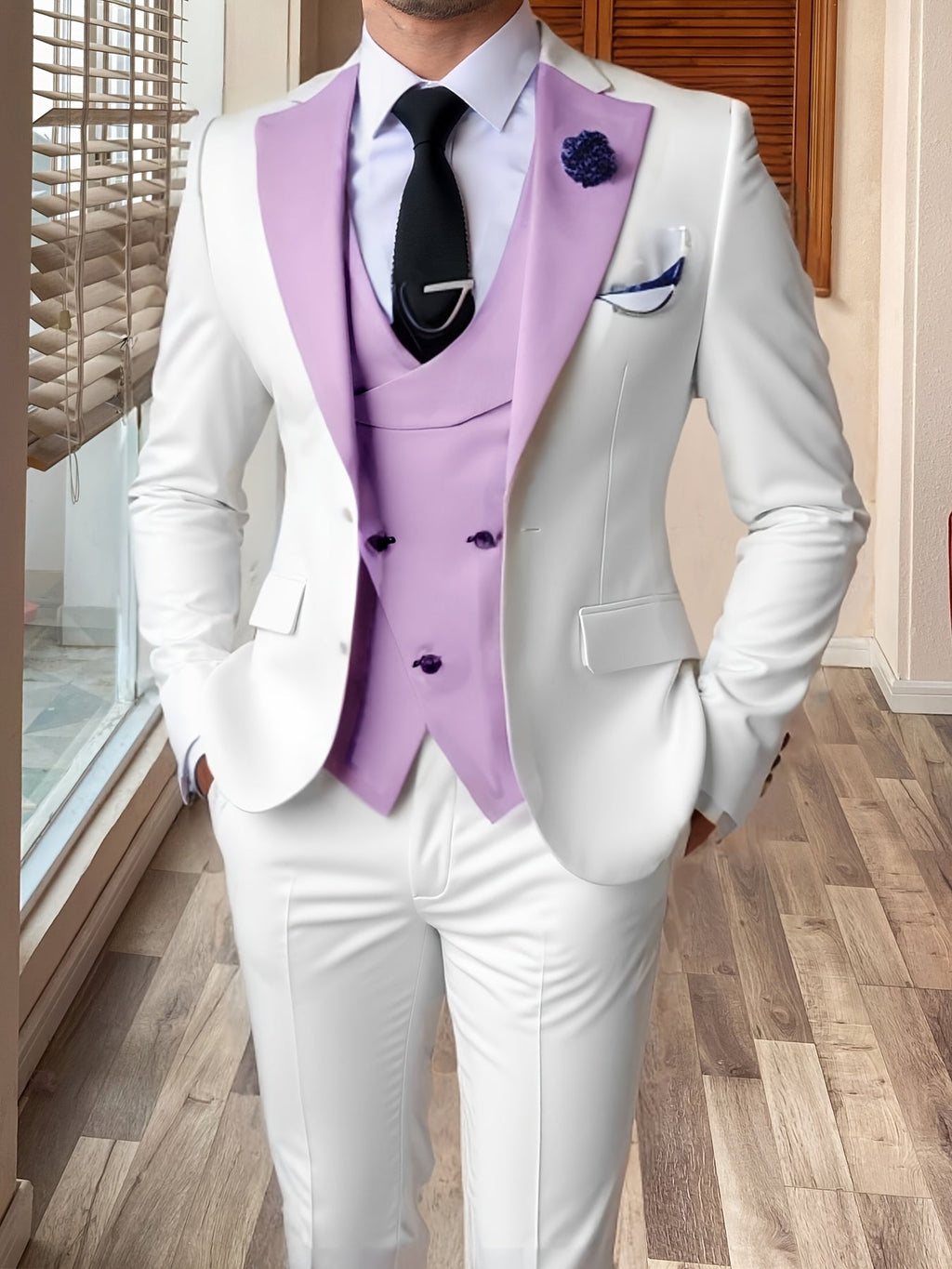 SHOWLU FASHION men's 3-piece slim fit color block wedding suit with notch lapel, tailored for a stylish formal look.