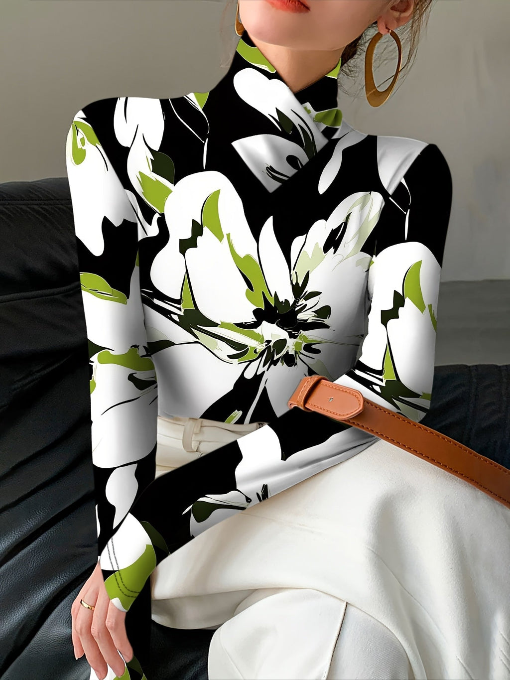 SHOWLU FASHION women's floral high neck long sleeve sexy knit top, featuring a fitted design with vibrant floral pattern and high neckline.