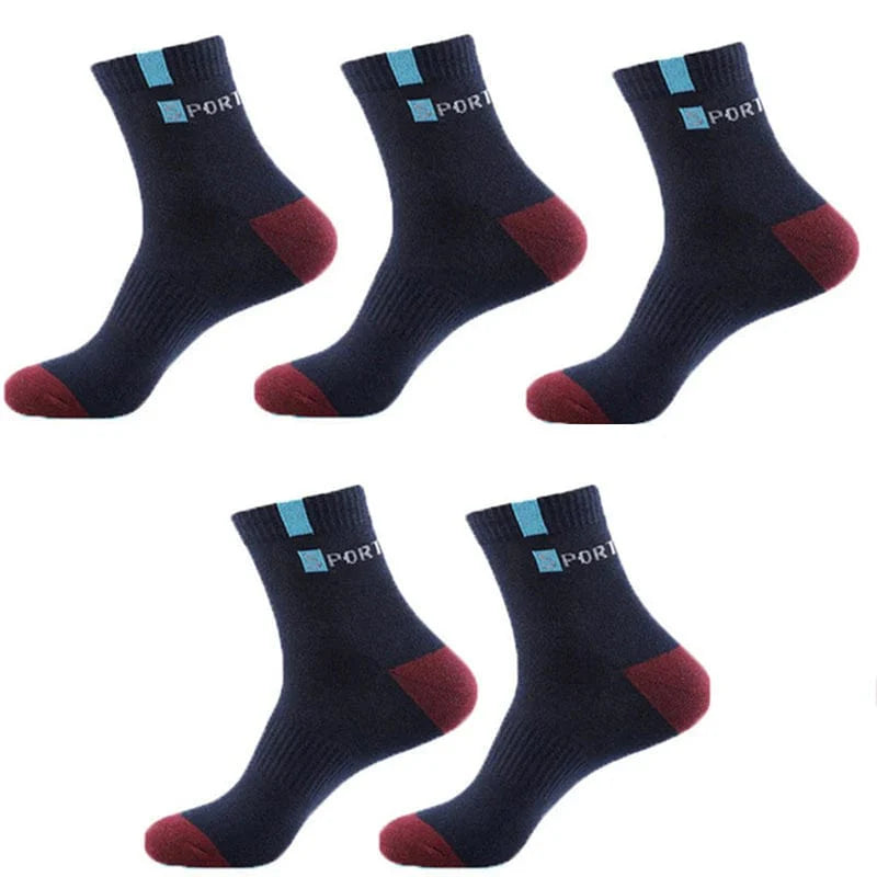 Five pairs of Showlu men's bamboo fiber cotton socks featuring breathable, deodorant, business, winter, sports, and casual styles.