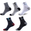 Set of five men's bamboo fiber cotton socks in various colors, breathable and deodorant, suitable for business and sports wear.