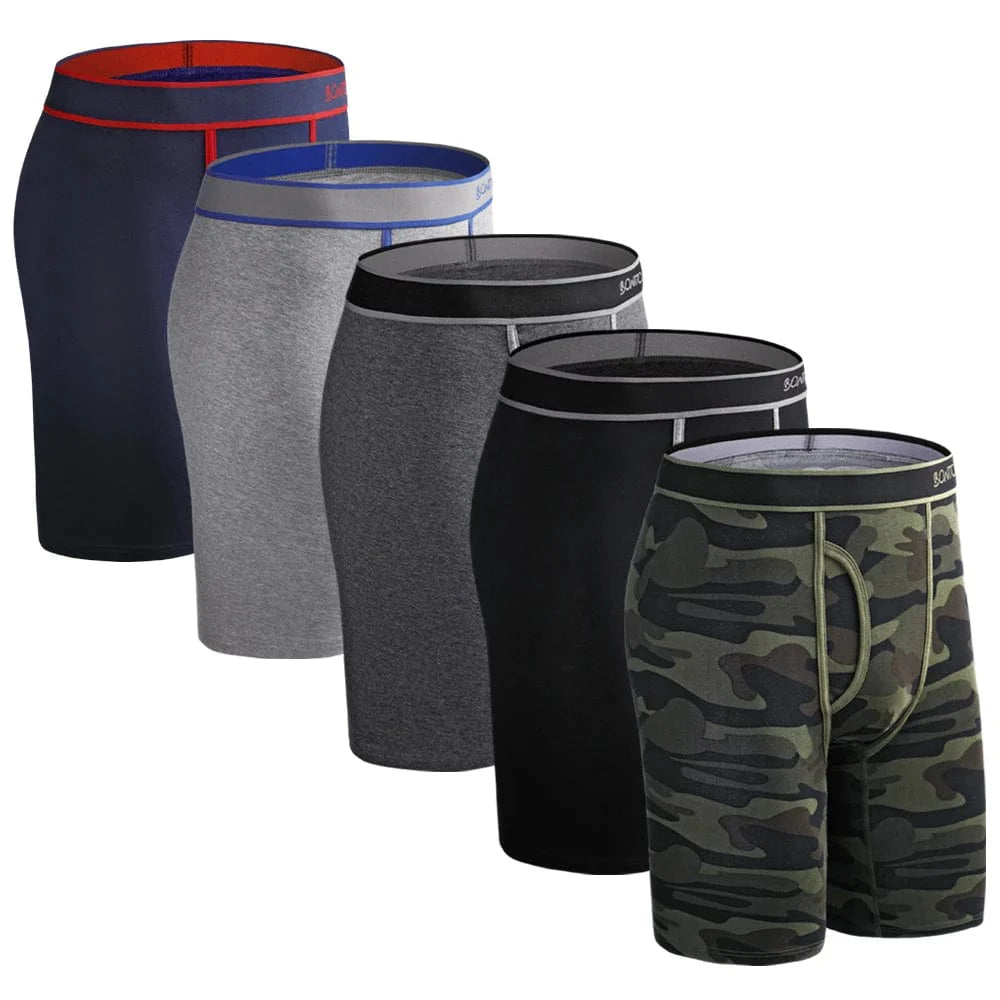 Set of five SKARR men's cotton long-leg boxer shorts with printed designs, comfortable and large size, ideal for everyday wear.