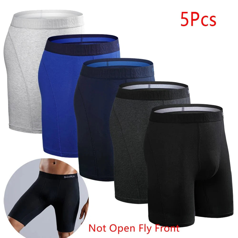 Set of five SKARR men's cotton long leg boxer shorts with printed designs, comfortable and stylish undergarments for men.