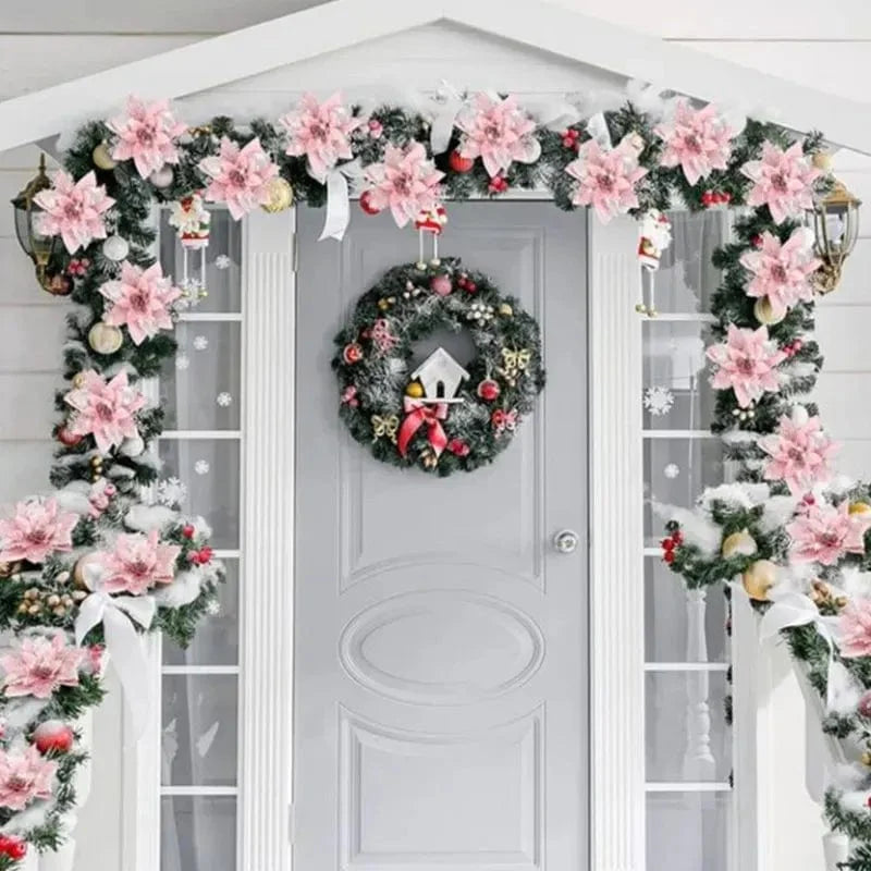Set of 5 pink glitter artificial Christmas flowers, 14cm tree ornaments for festive holiday decor and home decoration.