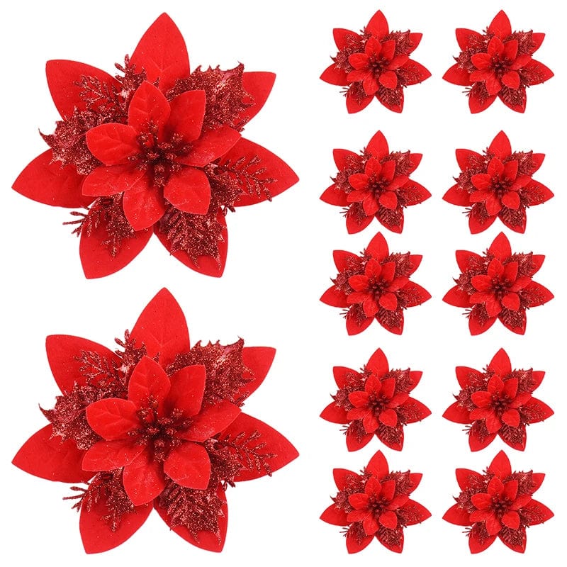 Set of 5 pink glitter artificial Christmas flowers, 14cm tree ornaments for holiday decor and festive home decoration.