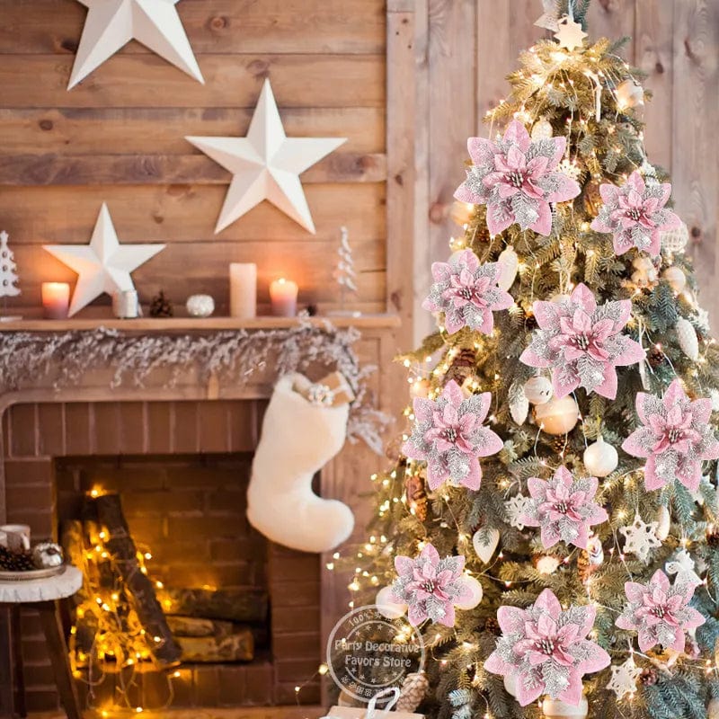 Set of 5 glitter pink artificial Christmas flowers, 14cm tree ornaments for festive holiday home decoration by Showlu Fashion Store.
