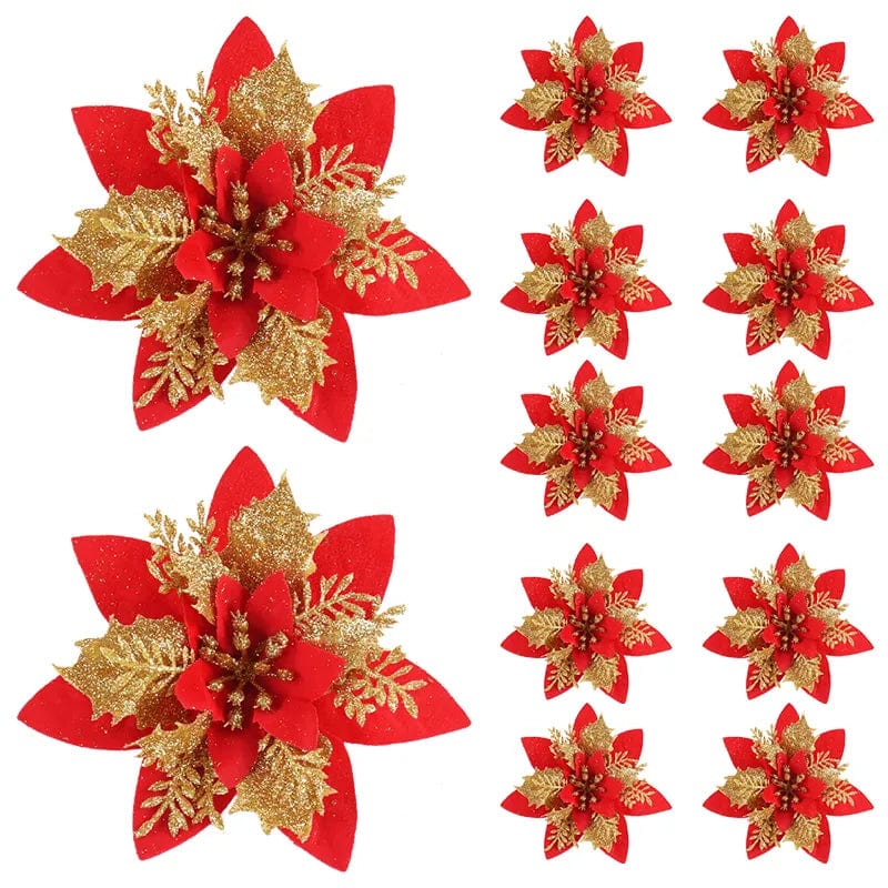 Set of 5 glitter pink artificial Christmas flowers, 14cm tree ornaments for holiday decorations and festive home decor.