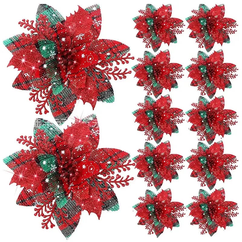Set of 5 glitter pink artificial Christmas flowers, 14cm tree ornaments for holiday decoration, perfect for festive home decor.