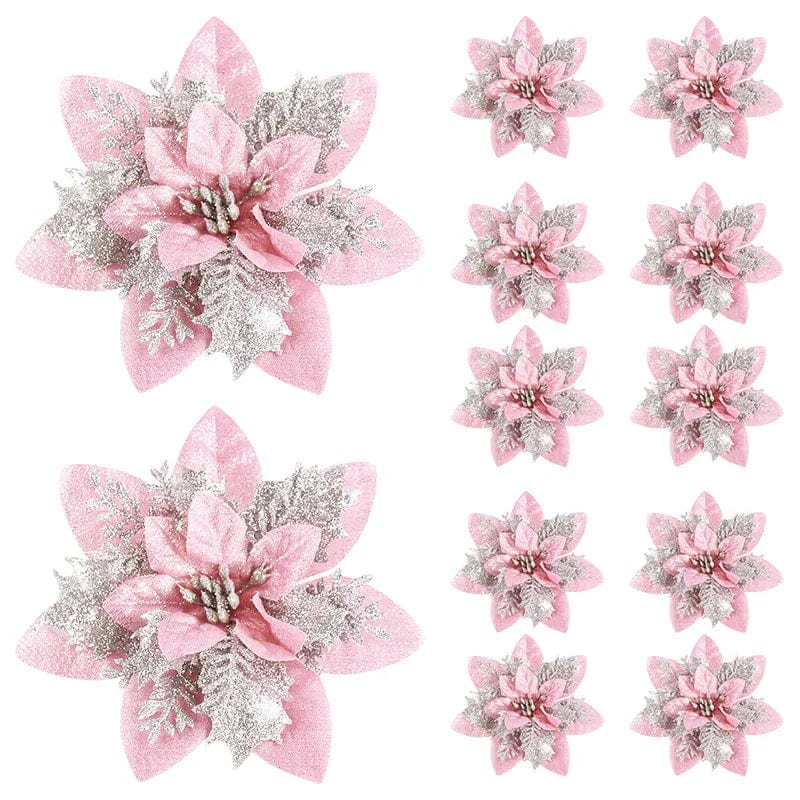 Set of 5 glitter pink artificial Christmas flowers, 14cm tree ornaments for holiday decor and festive home decoration.