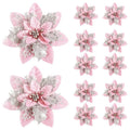 Set of 5 glitter pink artificial Christmas flowers, 14cm tree ornaments for holiday decor and festive home decoration.