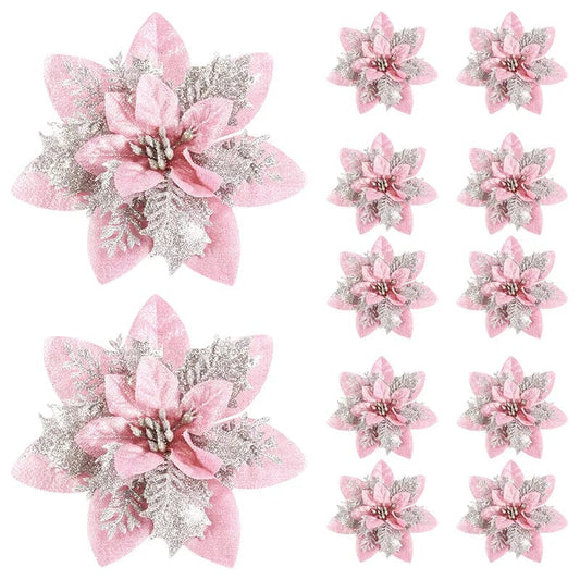 5pcs Glitter Pink Christmas Flowers Xmas Tree 14cm Artifical Flower Ornaments 2023 Merry Christmas Decoration For Home New Year - SHOWLU FASHION STORE