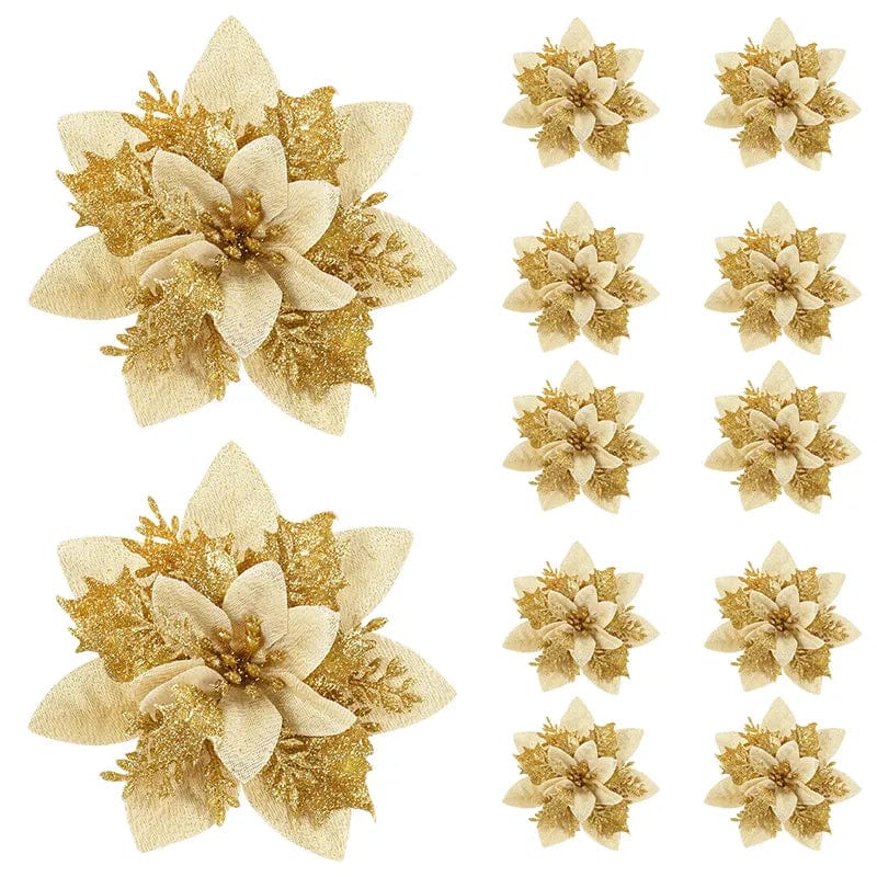 Set of 5 glitter pink artificial Christmas flowers, 14cm tree ornaments for festive holiday decor and home decoration.